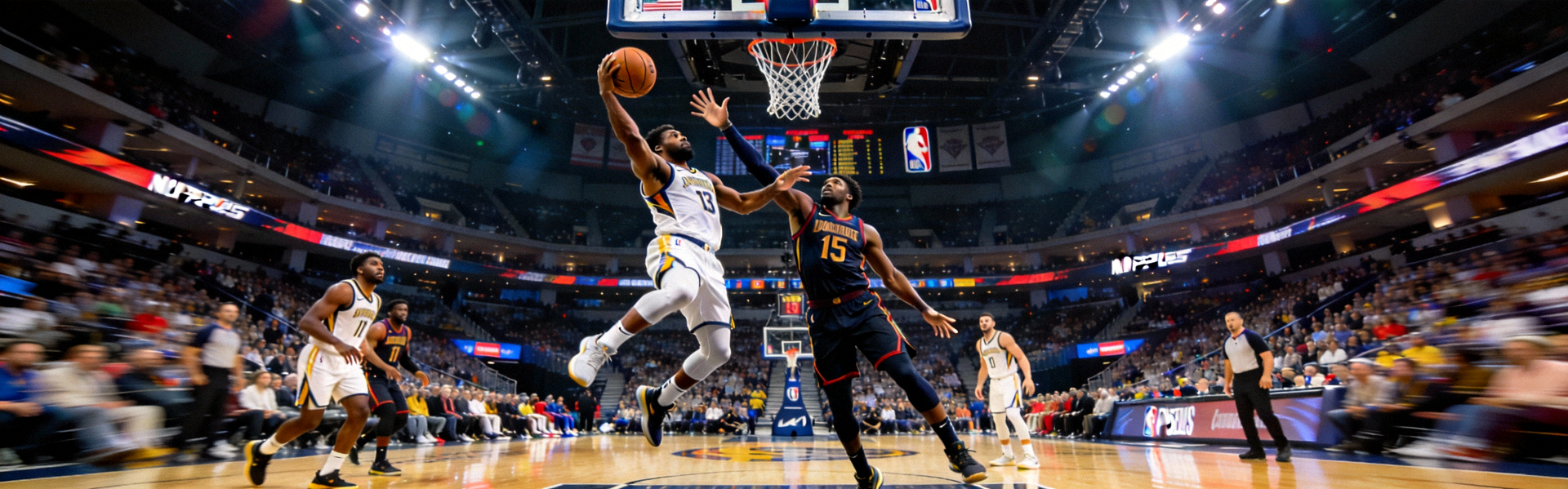 NBA季后赛激烈对决场景，球员空中对抗上篮瞬间